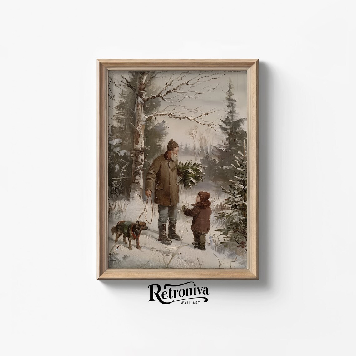 Grandfather Child and Dog Bringing Christmas Tree Winter Poster