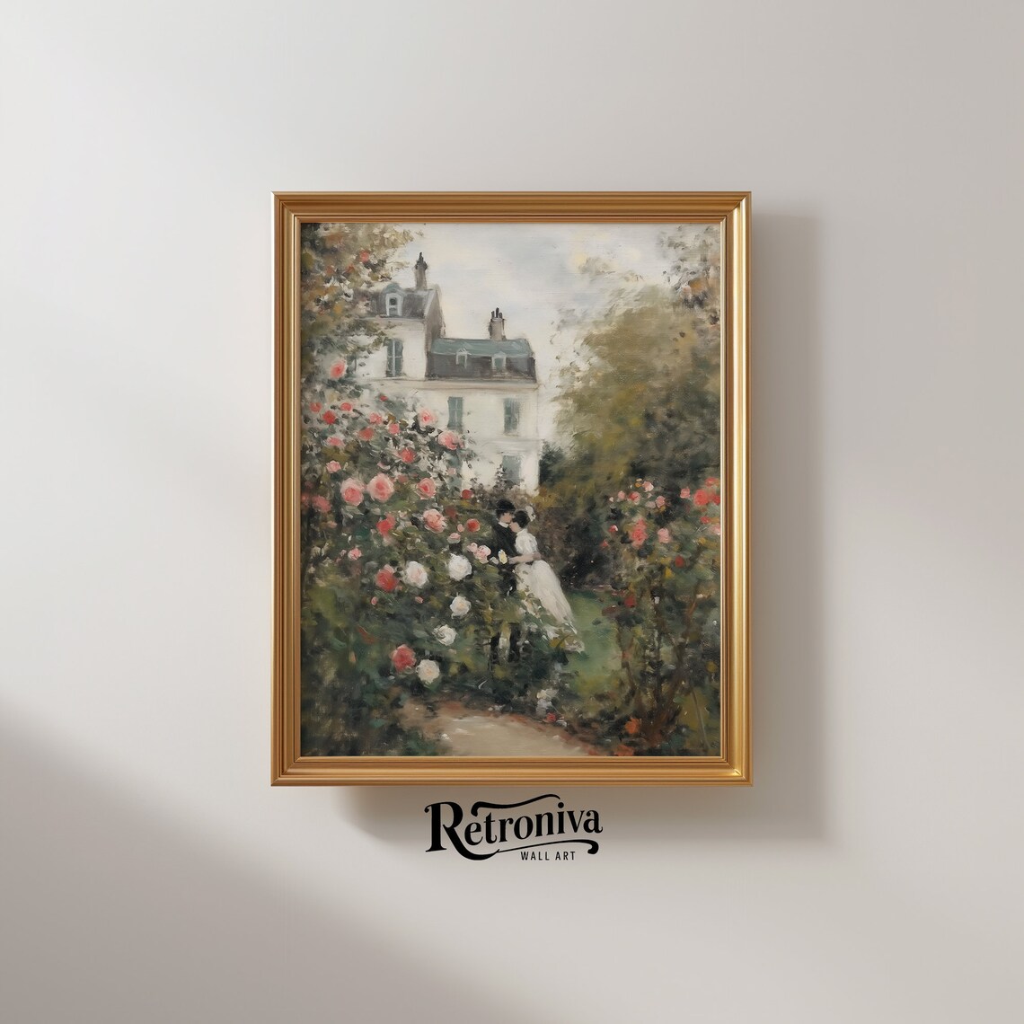 Vintage Cottage Rose Garden Oil Painting Art Print
