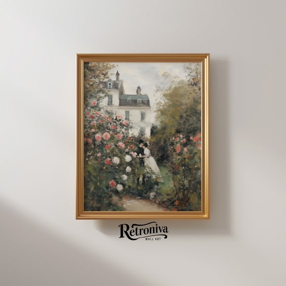 Vintage Cottage Rose Garden Oil Painting Art Print
