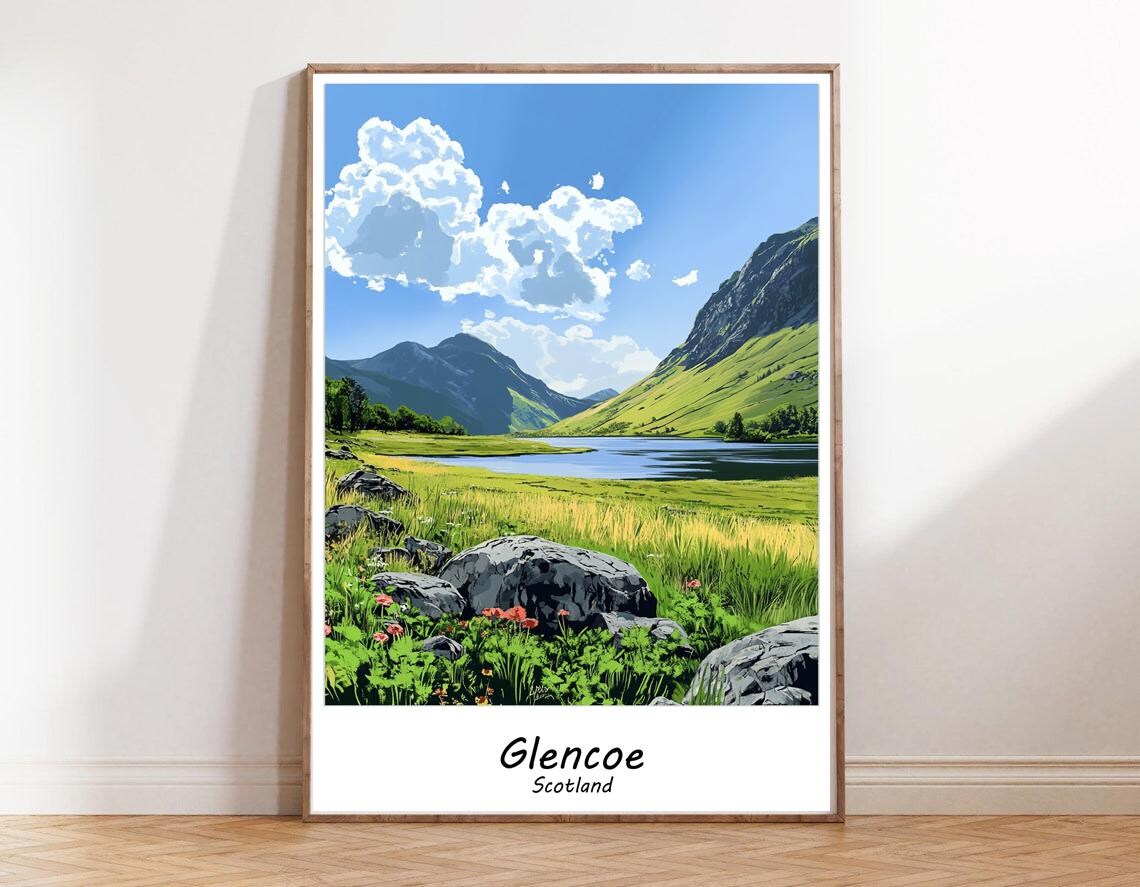 Glencoe Scotland Green Valley Loch Mountain Landscape Poster