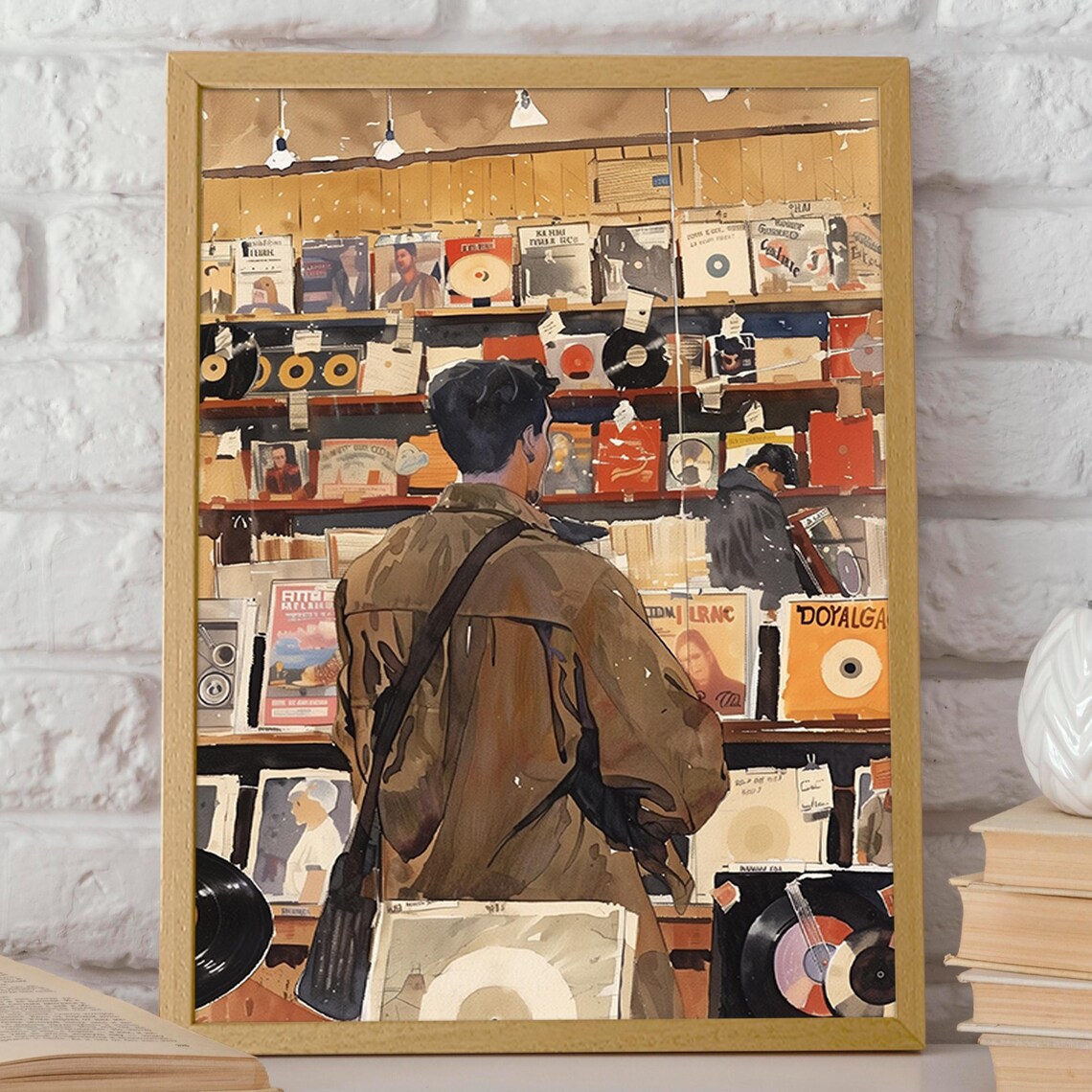Man Browsing Vinyl Records in a Cozy Record Store Music Art Poster - Image 2