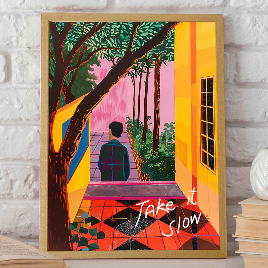 Take It Slow Serene Pink Courtyard Tree Landscape Art Poster - Image 2