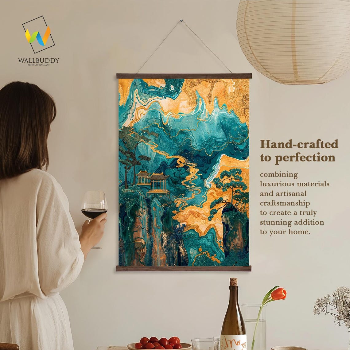 Abstract Zen Mountain Wall Hanging Teal And Gold Landscape Wall Art Decor Printed On Premium With Real Walnut Wooden Hangers - Image 2