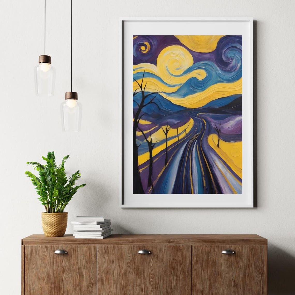 Van Gogh Style Night Highway Road Beneath a Swirling Moon Poster - Image 2