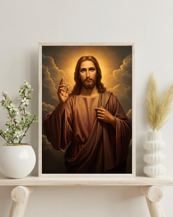 Jesus Christ Blessing with Raised Hand Among Golden Clouds Poster
