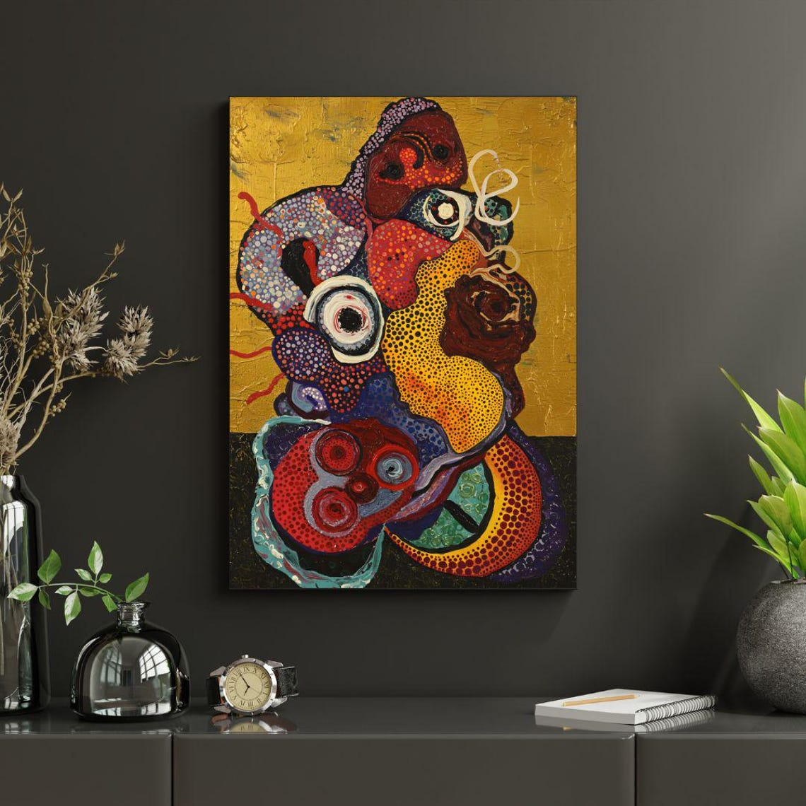 Psychedelic Dot Art Abstract with Organic Shapes on Gold Poster