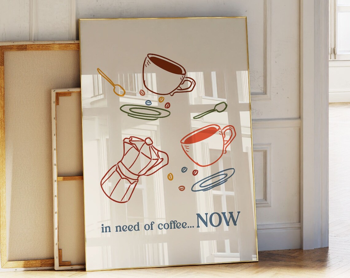 In Need of Coffee Now Moka Pot and Cups Retro Kitchen Poster