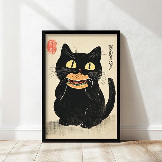 Vintage Cat Poster Funny Black Wall Art Kitchen Decor Japanese Inspired Unique Lover Gift Eating Hamburger