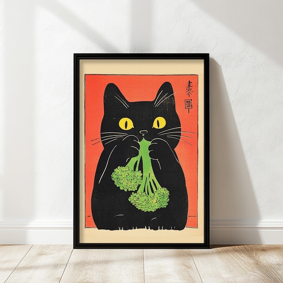 Funny Black Cat Eating Broccoli Red Background Japanese Art Poster