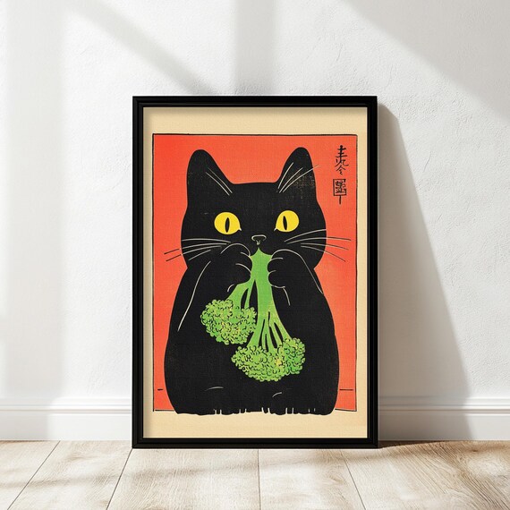Vintage Cat Eating Broccoli Poster Funny Black Wall Art Kitchen Decor Japanese Inspired Unique Lover Gift