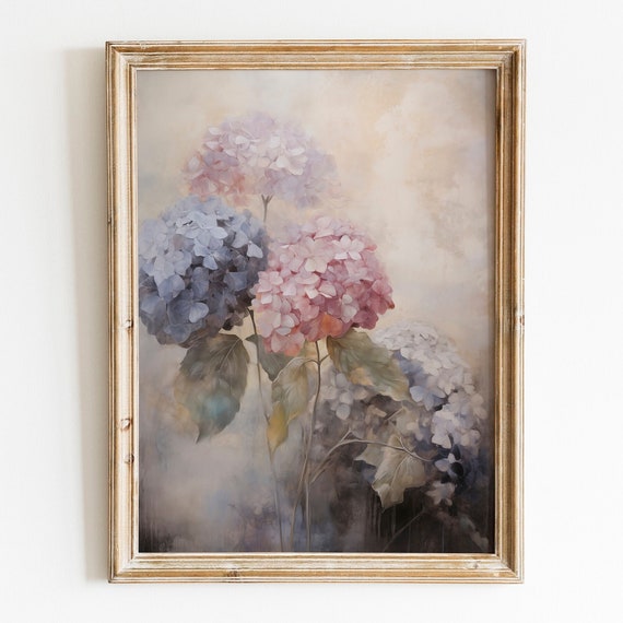 Antique Hydrangea Painting Art Moody Floral Wall Art Dark Academia Decor Vintage Moody Botanical Wall Art Dark Flower Painting