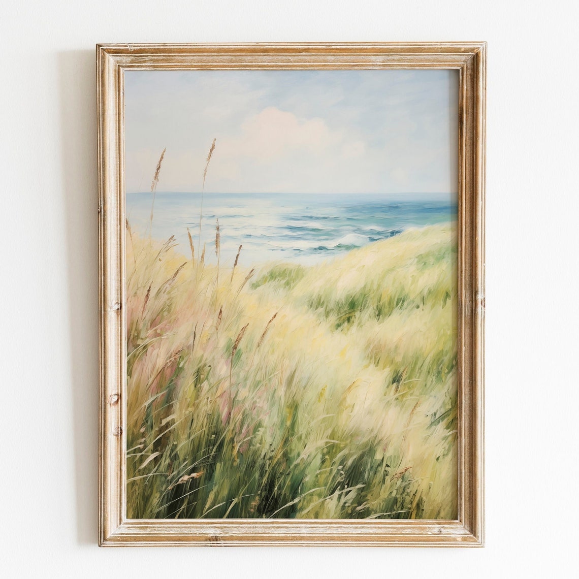 Windblown Beach Grass Dunes Meeting the Ocean Coastal Scene Poster