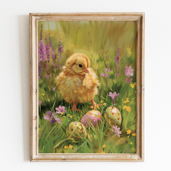 Easter Chick Oil Painting Spring Wildflower Farmhouse Wall Art