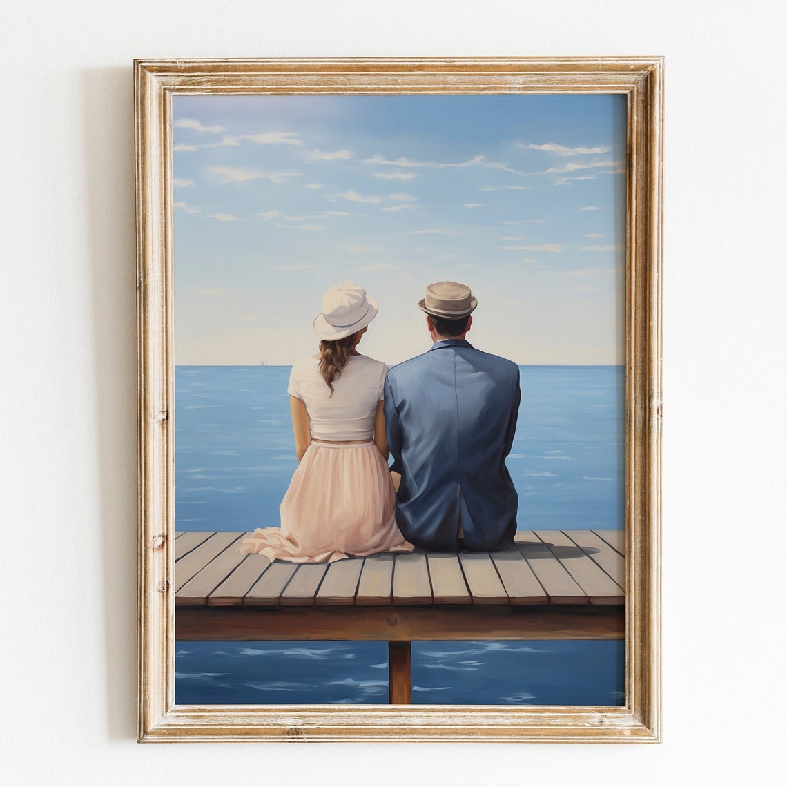Couple Sitting on Dock Overlooking Calm Blue Sea Serene Romance Poster