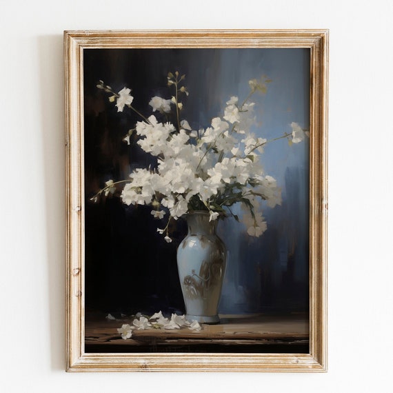 Moody Vintage White And Blue Flower Print Dark Floral Oil Painting Antique Art Dark And Moody Art Romantic Floral
