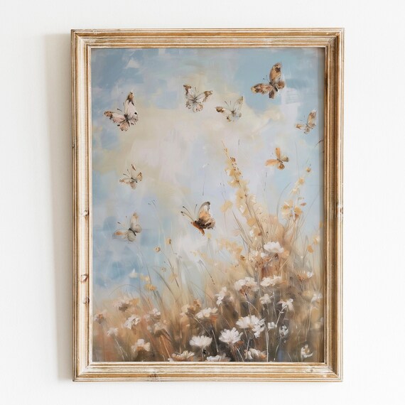 Butterflies Wildflower Meadow Warm Spring Pastel Decor Wall Art