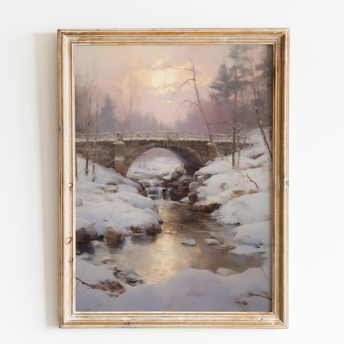 Snowy Stone Bridge Creek Sunset Winter Landscape Scenic Poster