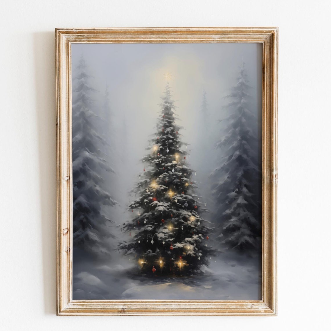 Luminous Snowy Christmas Tree Golden Glow Winter Forest Poster