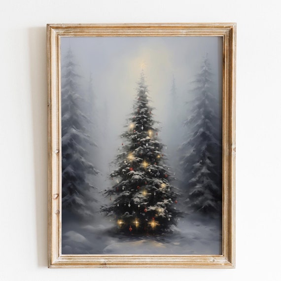 Moody Yellow Tree Christmas Wall Art Christmas Tree Christmas Decor Vintage Christmas Forest Wall Art Cottagecore Print