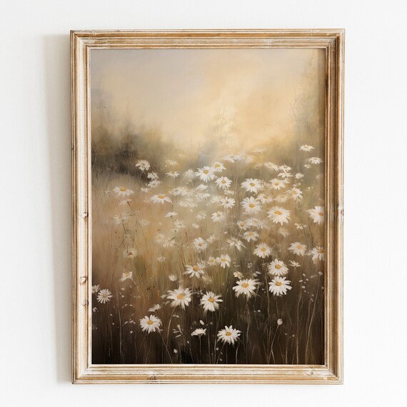 Daisy Field Golden Hour Misty Summer Wildflower Decor Wall Art