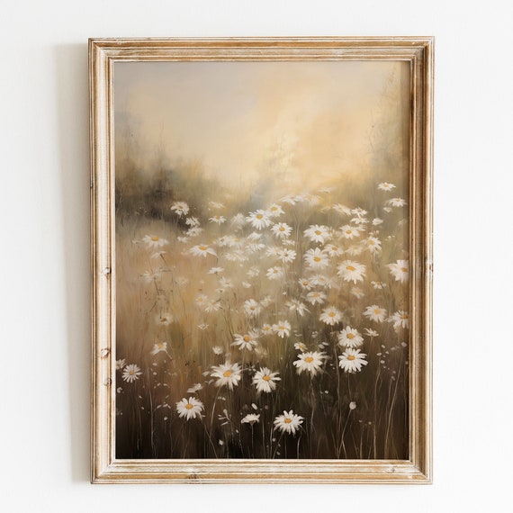 Vintage Summer Flower Daisy Dark Farmhouse Print Cottagecore Daisies Wildflower Field Painting Spring Moody Floral Wall Art