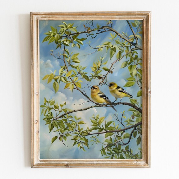 American Goldfinches Pair Spring Branch Blue Sky Bird Poster