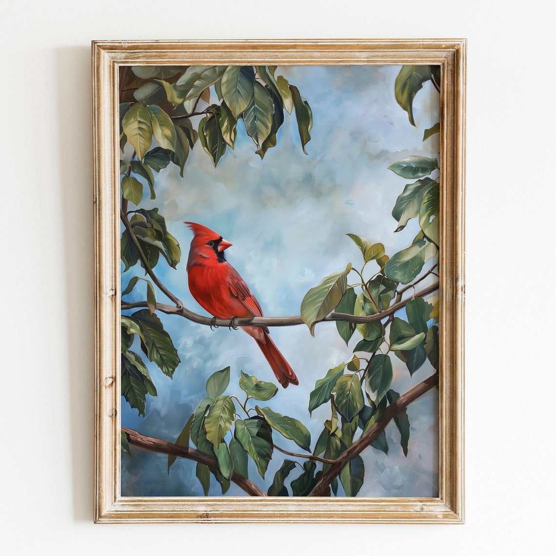 Red Northern Cardinal Perched Branch Green Leaves Bird Art Poster