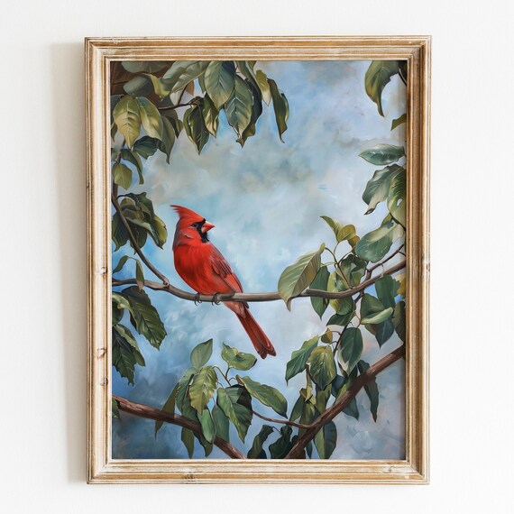 Red Northern Cardinal Perched Branch Green Leaves Bird Art Poster