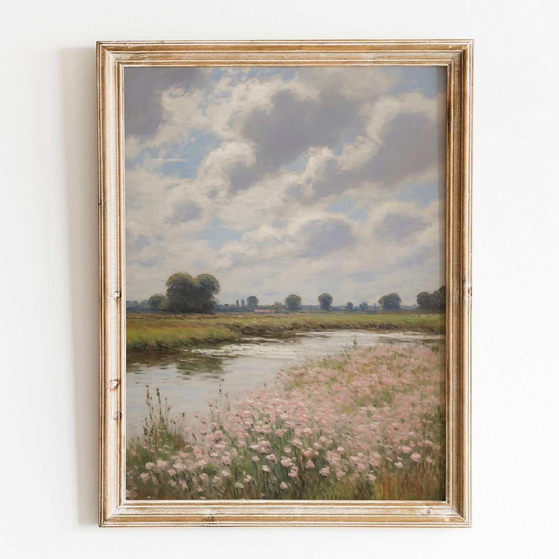 Pink Wildflowers Along River With Dramatic Cloudy Sky Poster