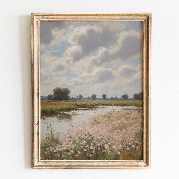 Pink Wildflowers Along River With Dramatic Cloudy Sky Poster