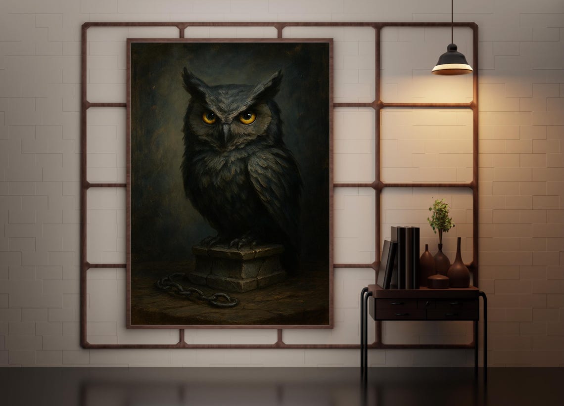 Dark Owl Statue Gothic Halloween Bird Sculpture With Golden Eyes