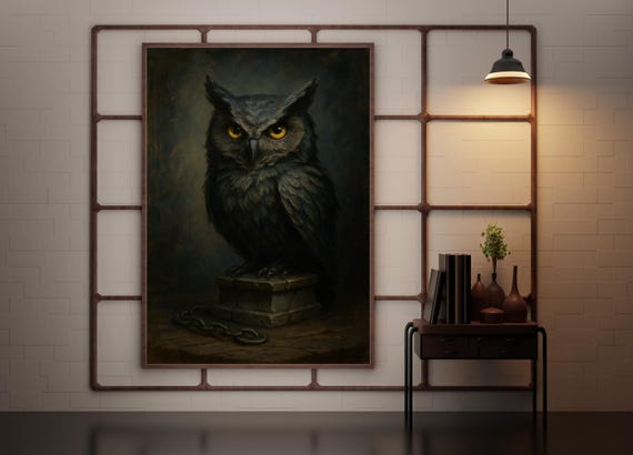 Dark Owl Statue Gothic Halloween Bird Sculpture With Golden Eyes