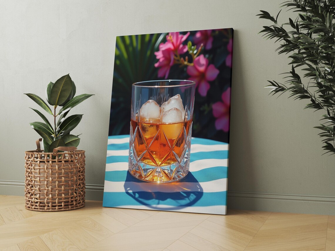 Crystal Glass of Amber Iced Drink with Tropical Flowers Poster