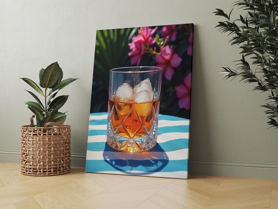 Crystal Glass of Amber Iced Drink with Tropical Flowers Poster