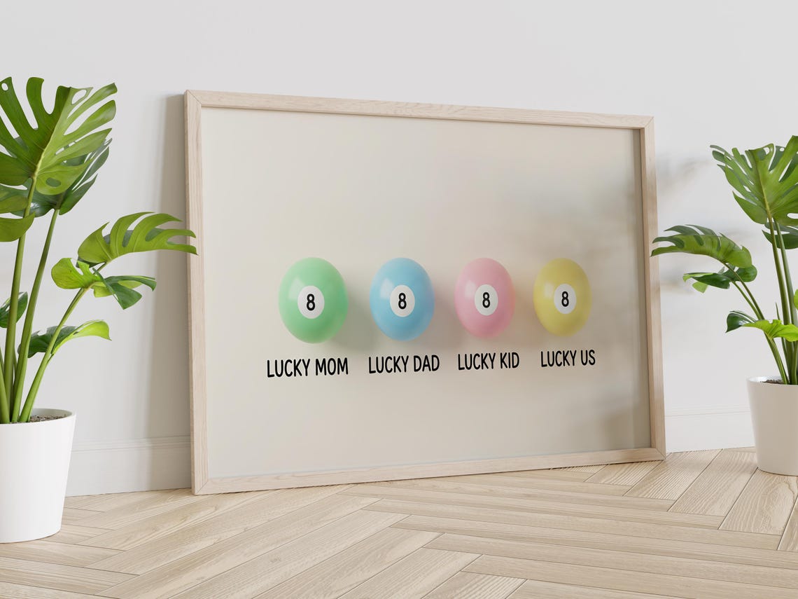 Lucky Mom Dad Kid Us Pastel 8-Ball Family Game Room Wall Poster