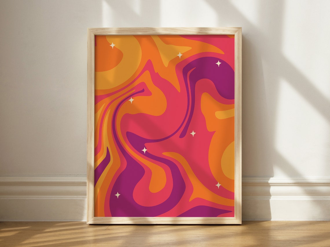 Bold Pink Orange Purple Marbled Swirl Retro Abstract Art Poster