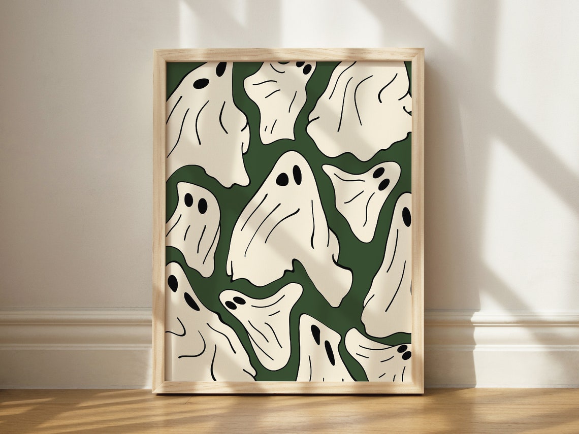 Cute Ghosts Pattern Dark Green Halloween Spooky Season Art Print