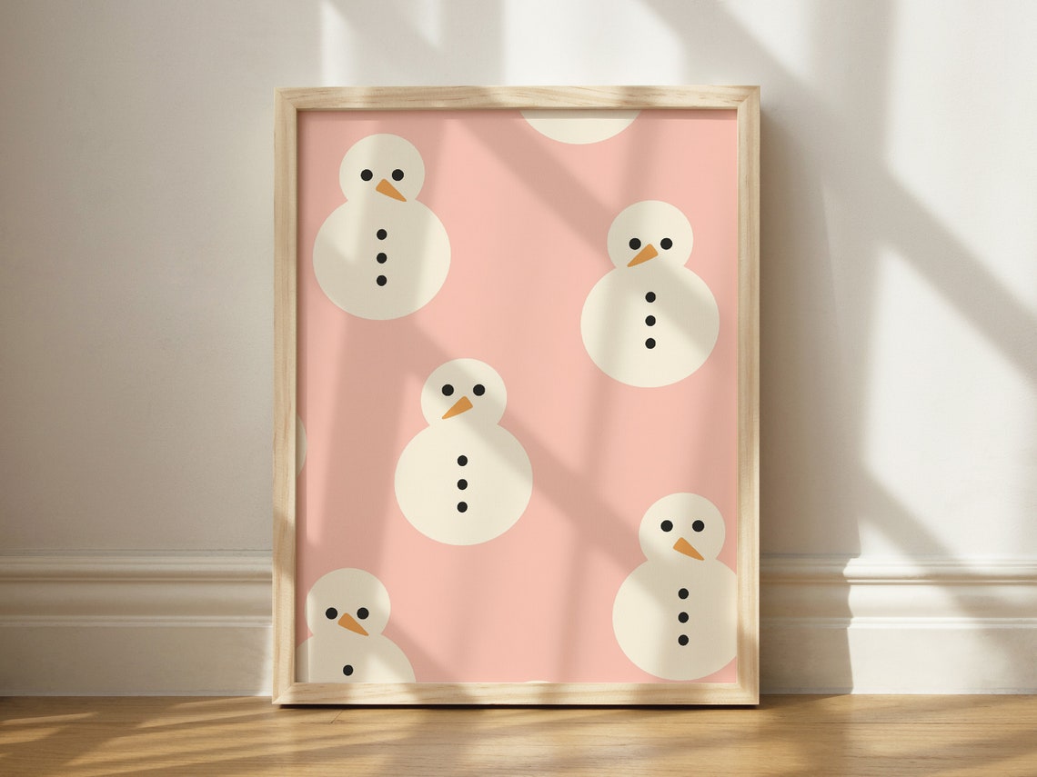 Cute Pink Snowman Christmas Holiday Party Minimalist Wall Art