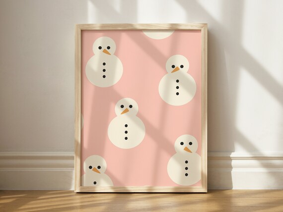 Cute Pink Snowman Christmas Holiday Party Minimalist Wall Art