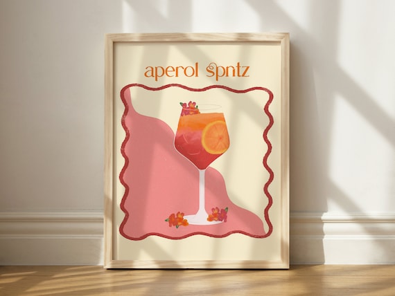 Aperol Spritz Orange Cocktail Illustration Retro Bar Cart Art Poster