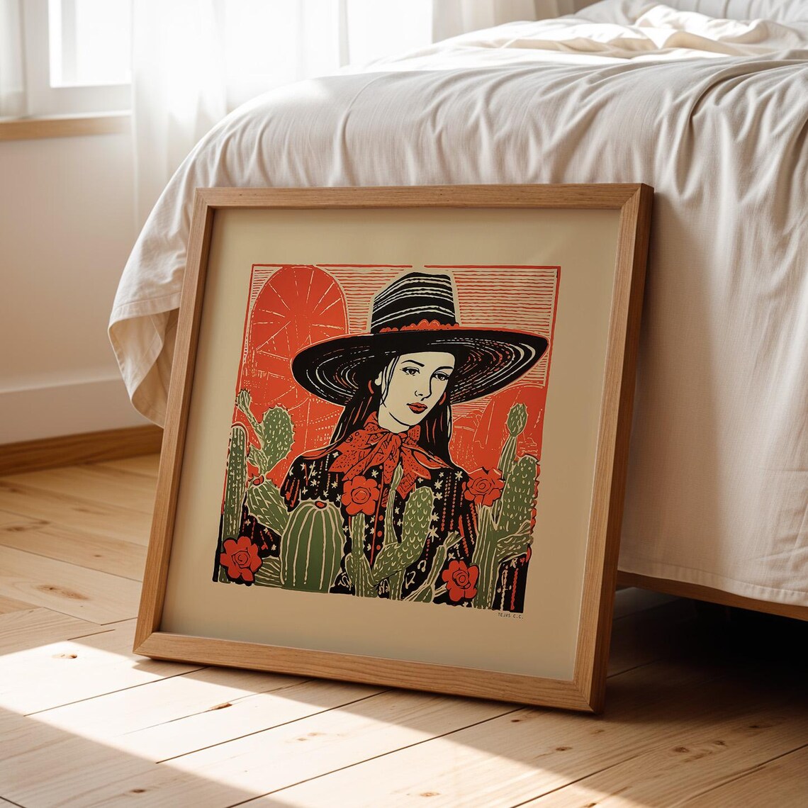Cowgirl Linocut Western Art Print, Desert Cactus