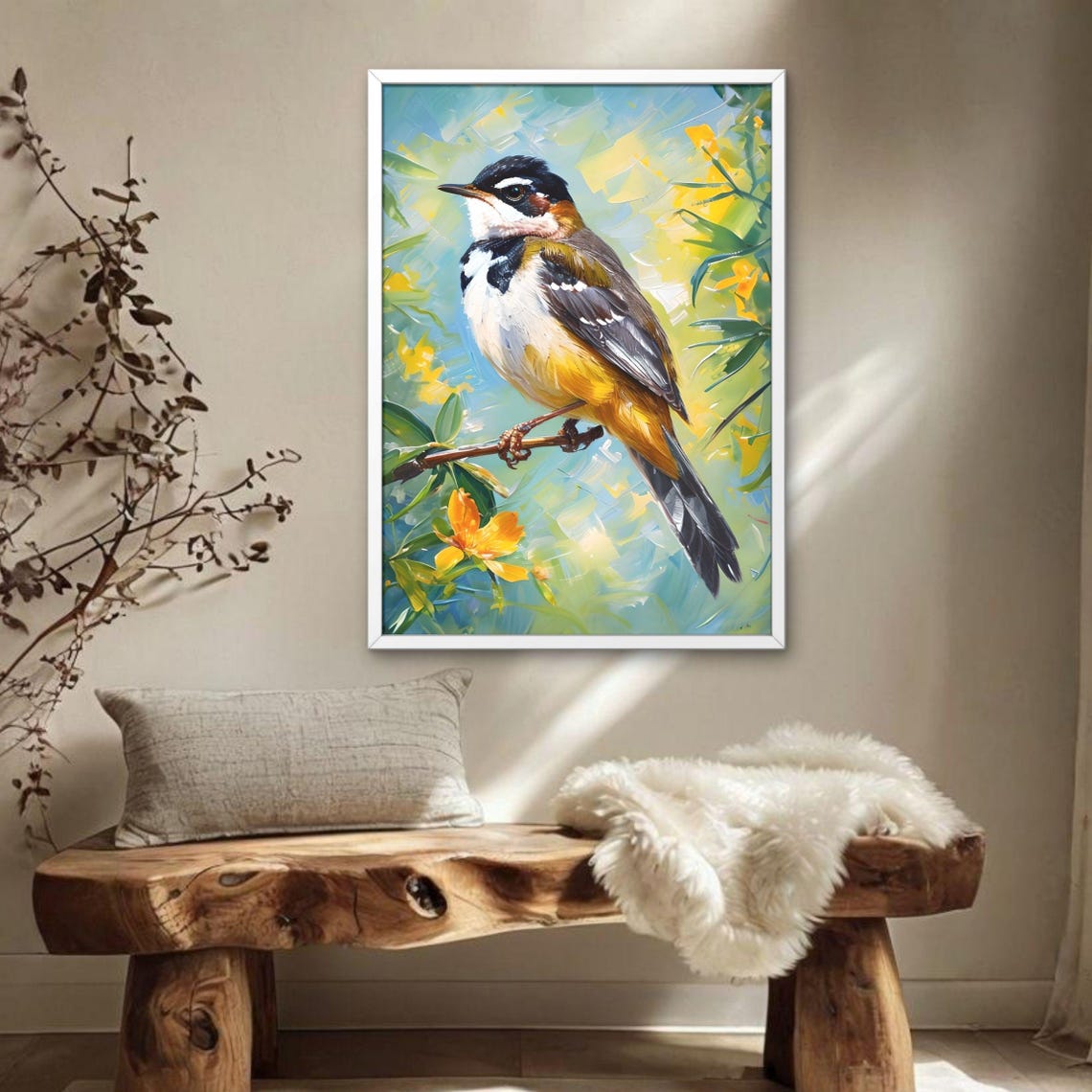 Colorful Songbird Perched On Flowering Branch Impressionist Art Poster