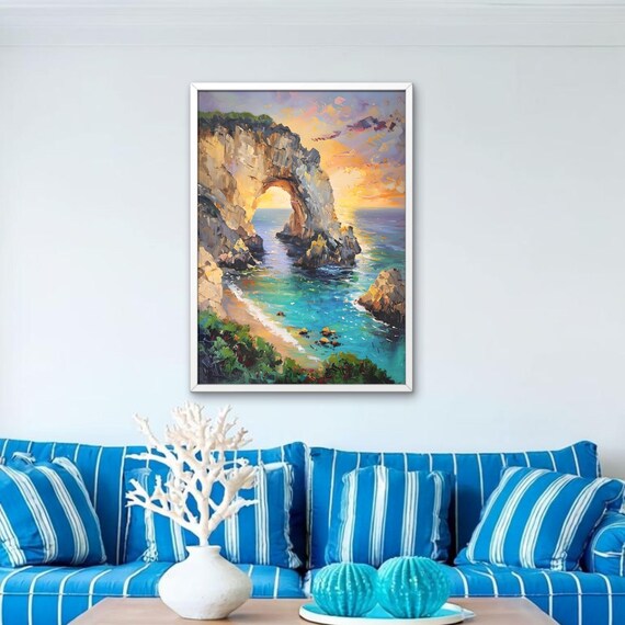 Coastal Sea Arch Sunset Impressionist Oil Painting Ocean Beach Wall Art