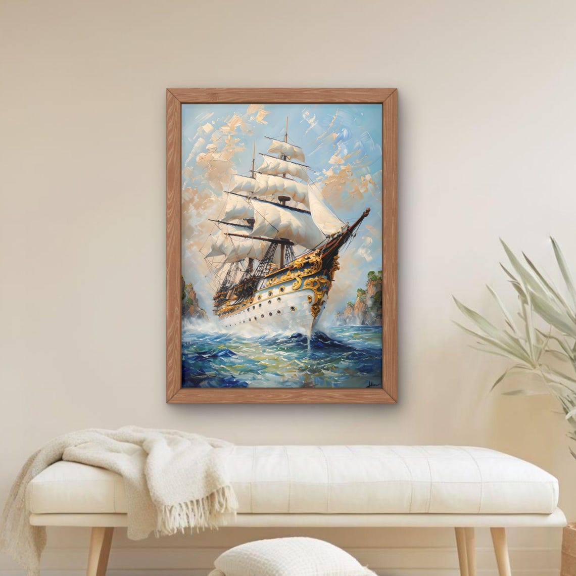 Majestic Tall Ship Golden Hull Oil Painting Nautical Art Poster