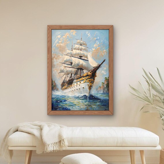 Majestic Tall Ship Golden Hull Oil Painting Nautical Art Poster