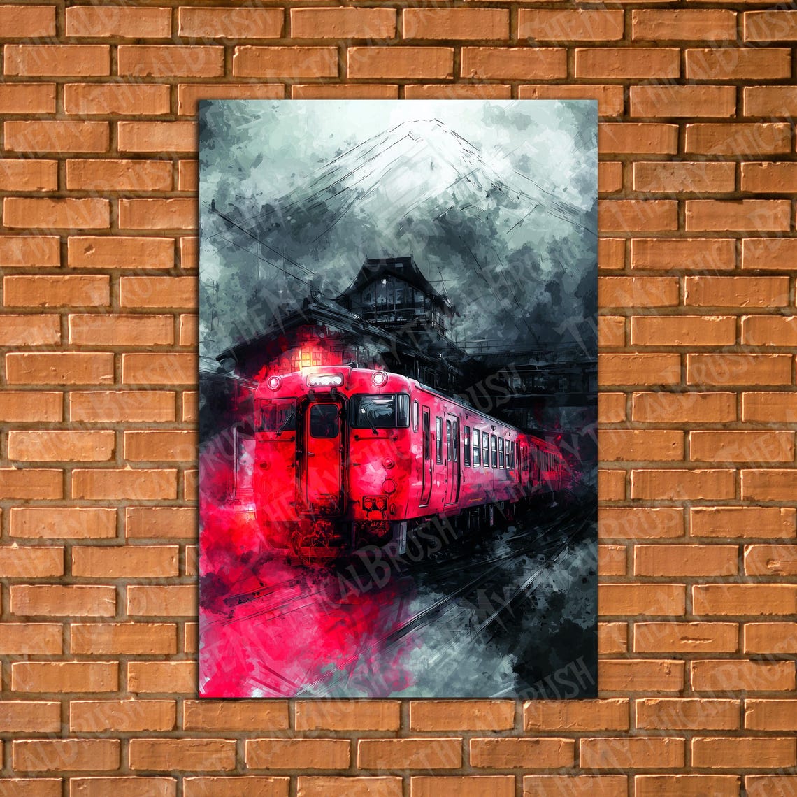 Red Japanese Train With Mount Fuji Dramatic Watercolor Poster
