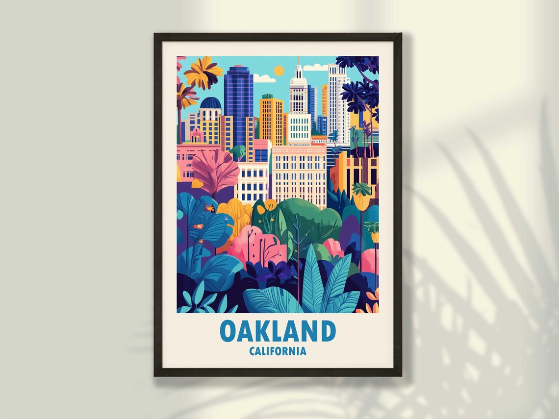 Oakland California Skyline Tropical Leaves Colorful Travel Poster