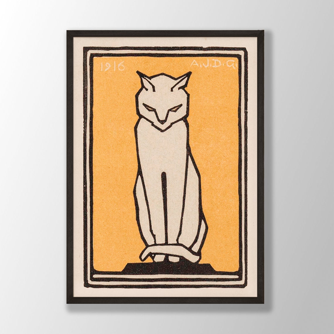 Vintage 1916 White Cat Line Art Feline Retro Style Decor Poster