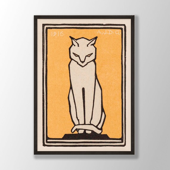 Vintage 1916 White Cat Line Art Feline Retro Style Decor Poster