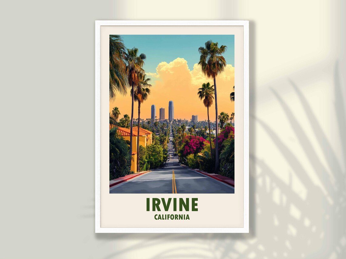 Irvine California Palm Lined Street Sunset City View Travel Poster